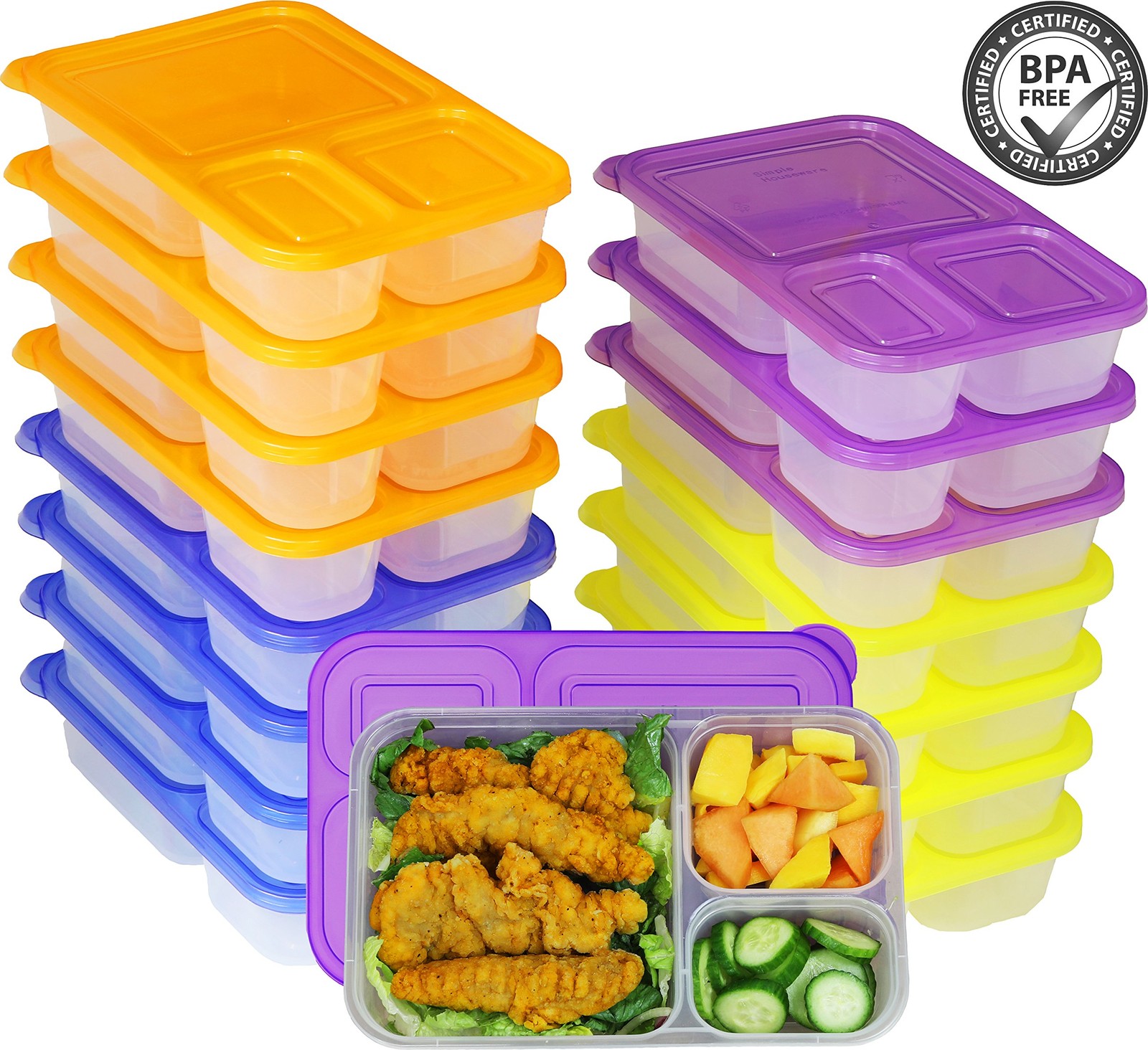 16 Pack - SimpleHouseware 3-Compartment Heavy Duty Bento Lunch Meal Prep Cont...