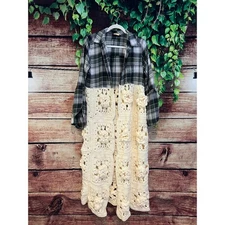 Flared Bell Sleeve Flannel Afghan Upcycled Duster Cardigan Plaid Floral One Size