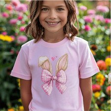Bunny Ears with Pink Gingham Bow Youth Tee  Easter Kids Shirt