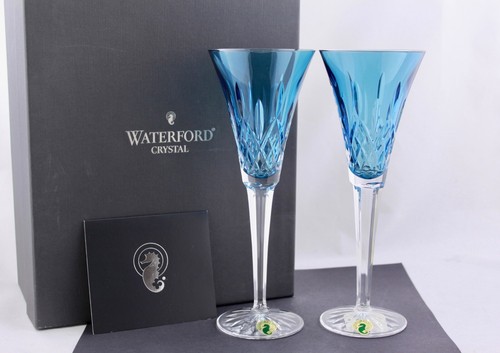 SET OF 2 WATERFORD CRYSTAL LISMORE JEWELS AQUAMARINE TOASTING FLUTES - NIB