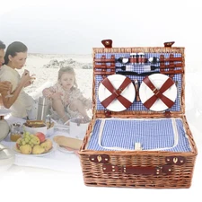 Large Wicker Picnic Basket With Cups Flatware Set Utensils Basket For 4 Person