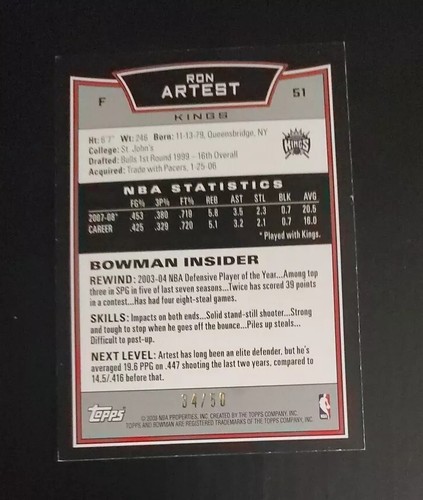 2008-09 Bowman #51 Ron Artest /50 Sacramento Kings - Picture 2 of 6
