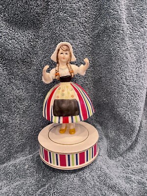 Vintage Schmid Dutch Girl Music Box, Spins, Plays Tip Toe Through The Tulips