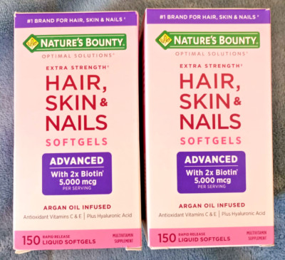 (2) Nature's Bounty Optimal Solutions Hair Skin Nails Xtra Strength Biotin 150ea