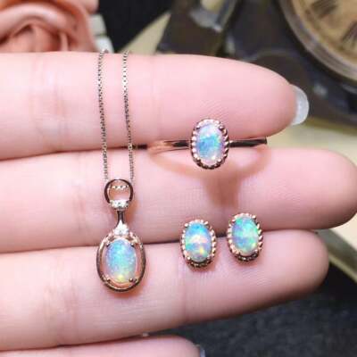 Natural Ethiopian Welo Opal Necklace Set October Birthstone Women Jewelry