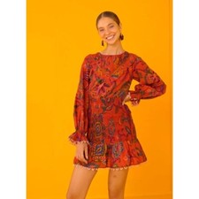 FARM Rio Mini Dress M Blush Sunset Tapestry Tropical Smocked Ruffle Summer Party