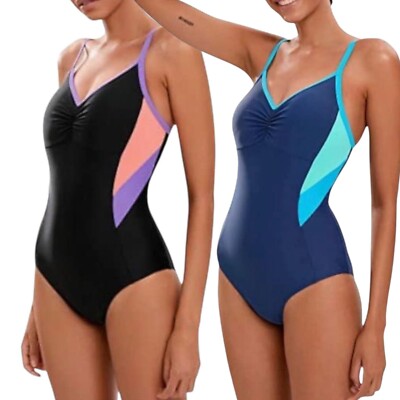 Badeanzug Damen Einteiler Farbblock Schwimmen Sport 4 Wege Stretch UPF 50+