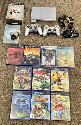Sony PlayStation 2 (PS2) Slim Silber Konsole + 11 Spiele Bundle.