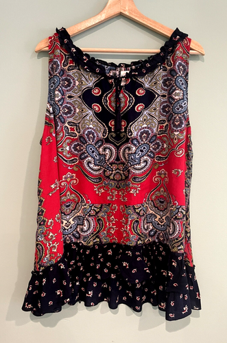 Bila Women's XXL Top Boho Sleeveless Ruffles Red Fun Breezy Natural Red