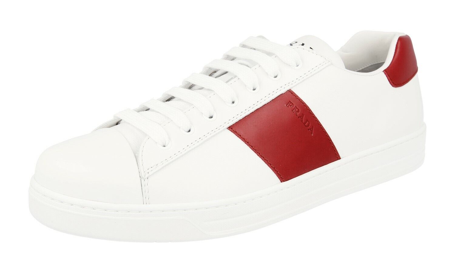 AUTH LUXURY PRADA SNEAKERS SHOES 4E3498 WHITE + RED LEATHER NEW