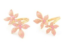 Flowers Adjustable Ring Shiny Gold Plated Brass Pink Enamel Filled 9US size 2827