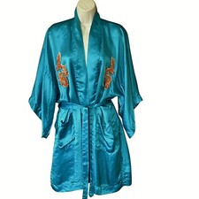 Golden Deer Kimono Robe Sz Medium 100 Silk Blue Hand Embroidery Dragon Vintage