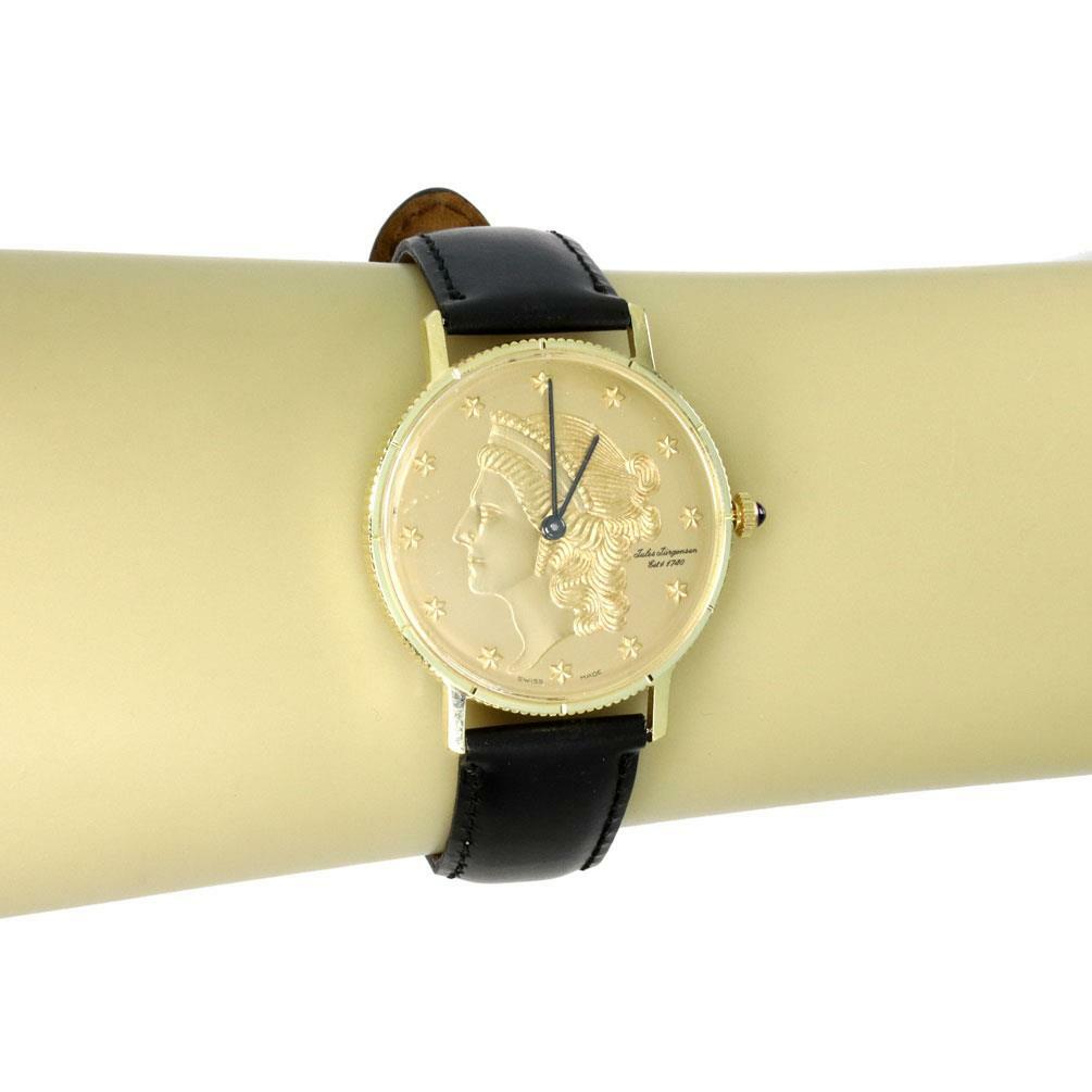 59099 Jules Jurjensen Men's 14k Gold Coin Hand Wind Leather Band