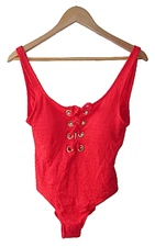 California Waves Size L Red Lace Up Grommet One Piece Swimsuit  