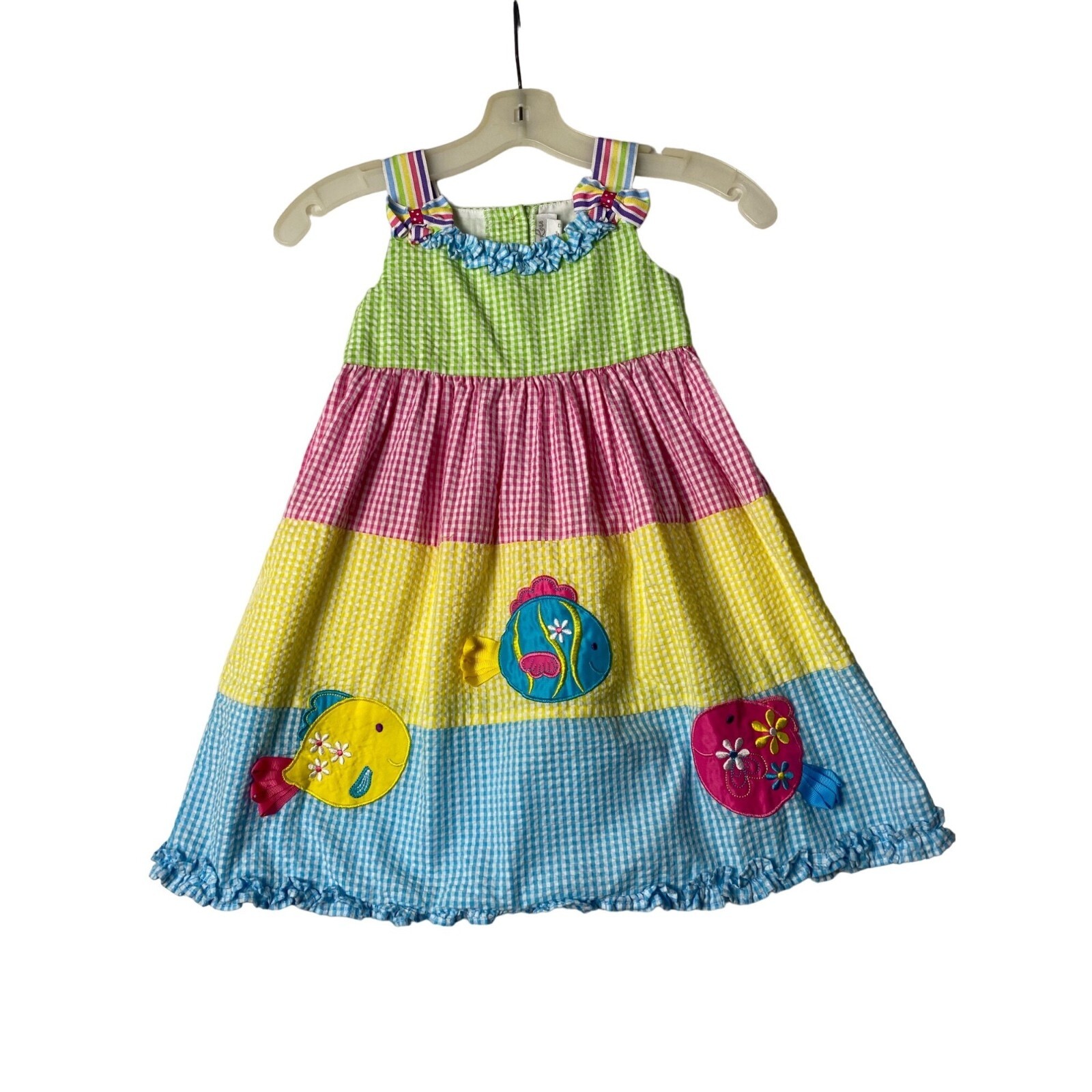 Emily Rose Seersucker Dress Girl Size 5 Lime Pink Fish Appliqué Floral Rainbow