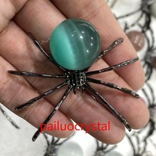 1pc Green Cat's Eye 20mm Ball Spider Quartz Crystal Skull Carved Figurines 2.2"