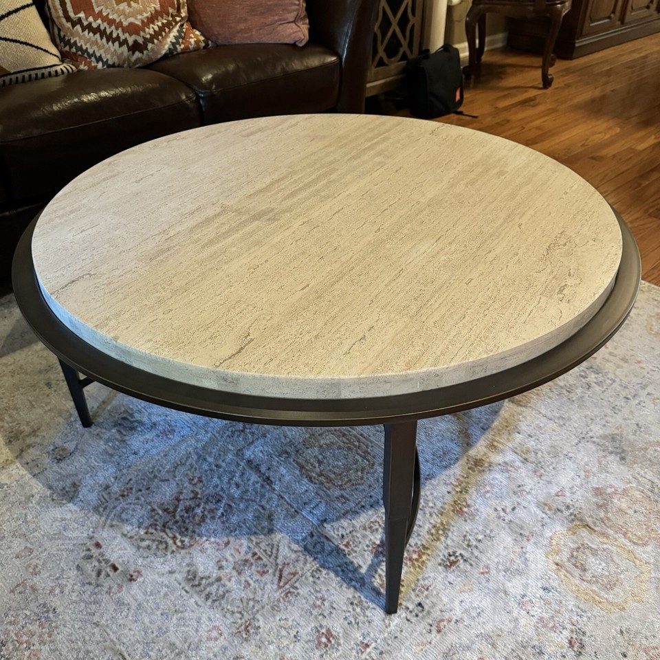 Bernhardt Barclay Round Coffee Table Travertine Used White/Pewter 42