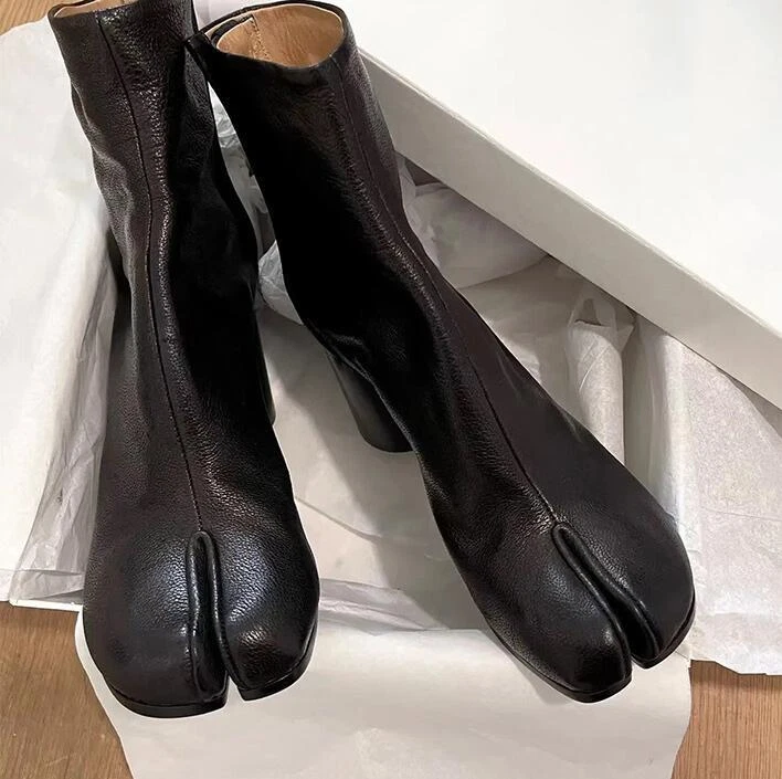 Mujeres Tabi Puntera Dividida Botines Cuero Otoño Invierno Tacones Bloque Zapatos Fiesta Foto 3 de 4