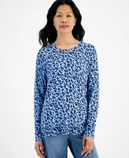 Style & Co Women's Fine Gauge Crewneck Long-Sleeve Sweater, Blue Leopard Sz-XL