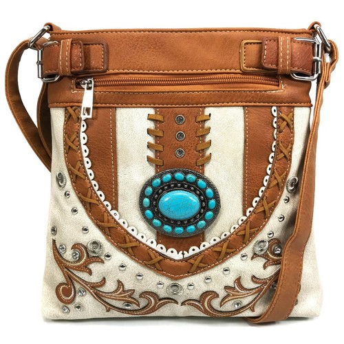 Western Turquoise Stone Concho Concealed Carry Crossbody Messenger Purse - Picture 2 of 26