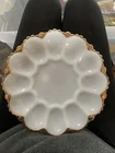 Vintage Deviled Egg Serving Dish White Milk Glass with Gold Trim 10” Scalloped