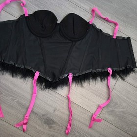 Vintage Ann Summers Black PVC & Feather Corset Top Size 8-10 