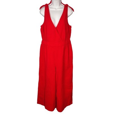 Level Eight Red Seersucker Tie Shoulder Wide Leg Jumpsuit Womens Large Cotton