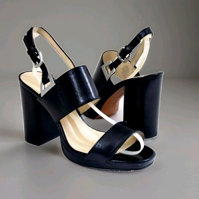 NINE WEST Damen Sandale schwarz Leder Block PALADISCHE Absätze offene Zehenschnalle Gr. US3W