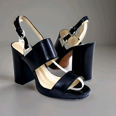Nine West Femme Sandale Black Leather Bloc Paladian Heels Open Toe Buckle szUS3W - Photo 1/4
