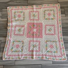 Girls Granny Square Crochet Afghan Handmade Baby Blanket Pink  White 40x41