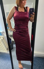 Quiz Burgundy Satin Ruched Bodycon Midi Weding Dress Square Neck Zip Stretch 10