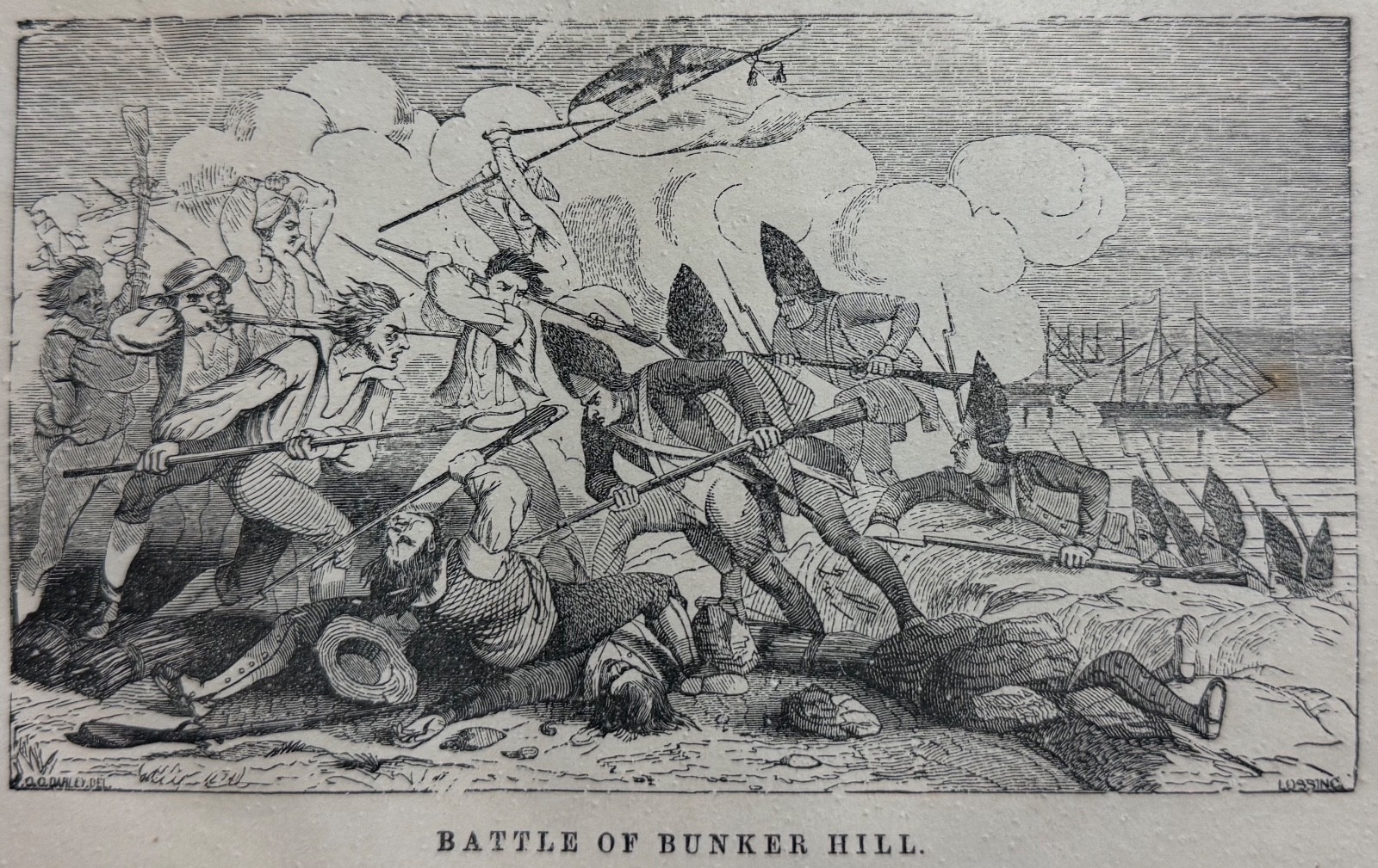 Antique 1859 Engraving Battle of Bunker Hill Revolutionary War Print Camp-Fires