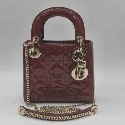 Authentic Dior Lady Dior Mini Red Patent Leather 3-Grid Chain Bag Gold