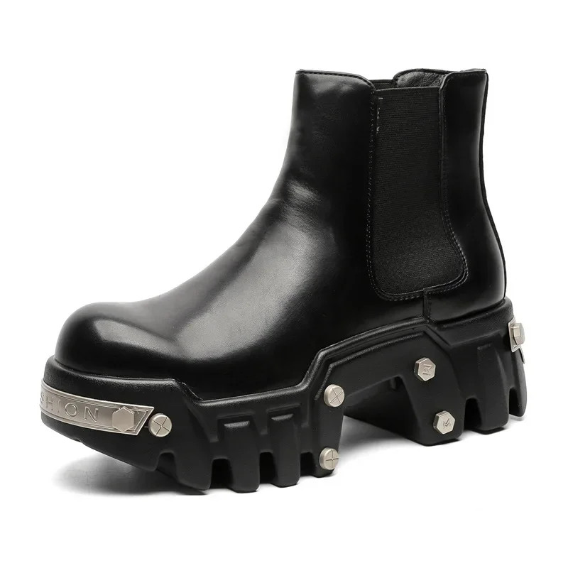 Hombres Pasarela Bulldozer Suela Gruesa Zapatos de Elevación Metal Remache Locomotora Botas