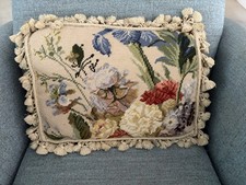 Needlepoint Floral Bouquet Pillow Khaki Velve...