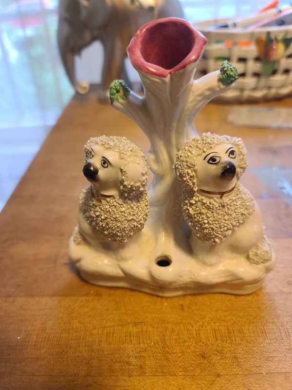 Staffordshire Spill Vase Poodles White Dogs Pair Antique Confetti