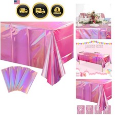 4 Pack Iridescent Pink Plastic Tablecloths, Shiny Disposable Laser Rectangle ...