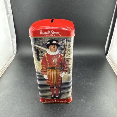 Russell Stover Candies English Caramels Red Tin Canister / Bank  (Beefeater)