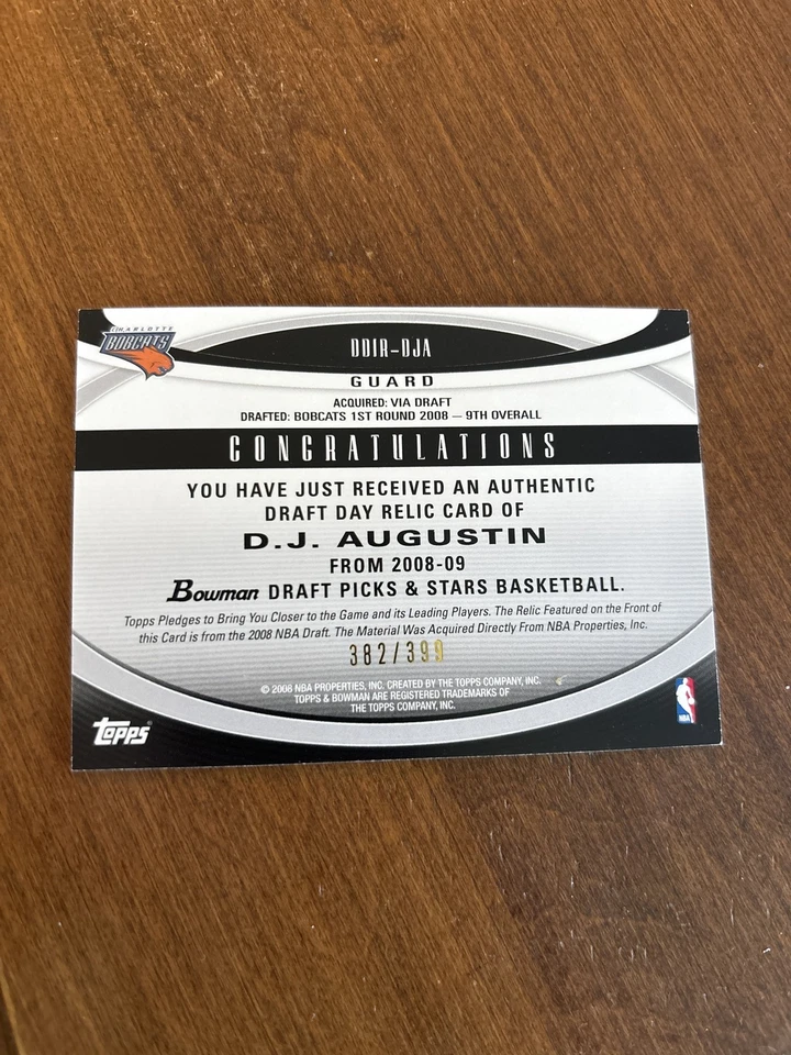 D.J. Augustin 2008-09 Bowman Draft Day Rookie Relic Bobcats Longhorns /399 RC - Image 2 of 2