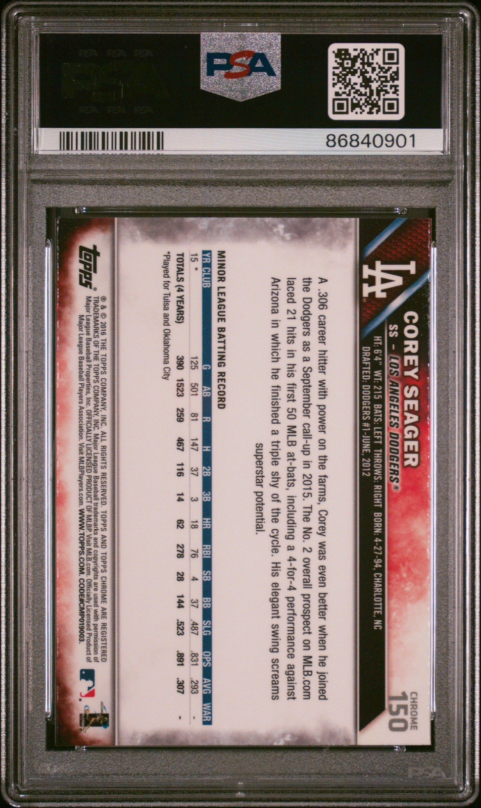 2016 Topps Chrome Corey Seager #150 Sepia Refractor SP RC PSA 10 Dodgers Rangers view 2