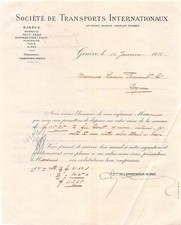 1911  FACTURE TRANSPORTS INTERNATIONAUX A GENEVE - M.LUCIEN FOUCAULD A COGNA