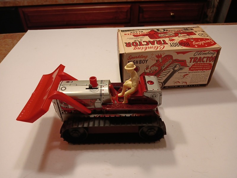1950s Marx, Tin Litho, Wind Up, Sparkling, Climbing Tractor & Bulldozer Blade