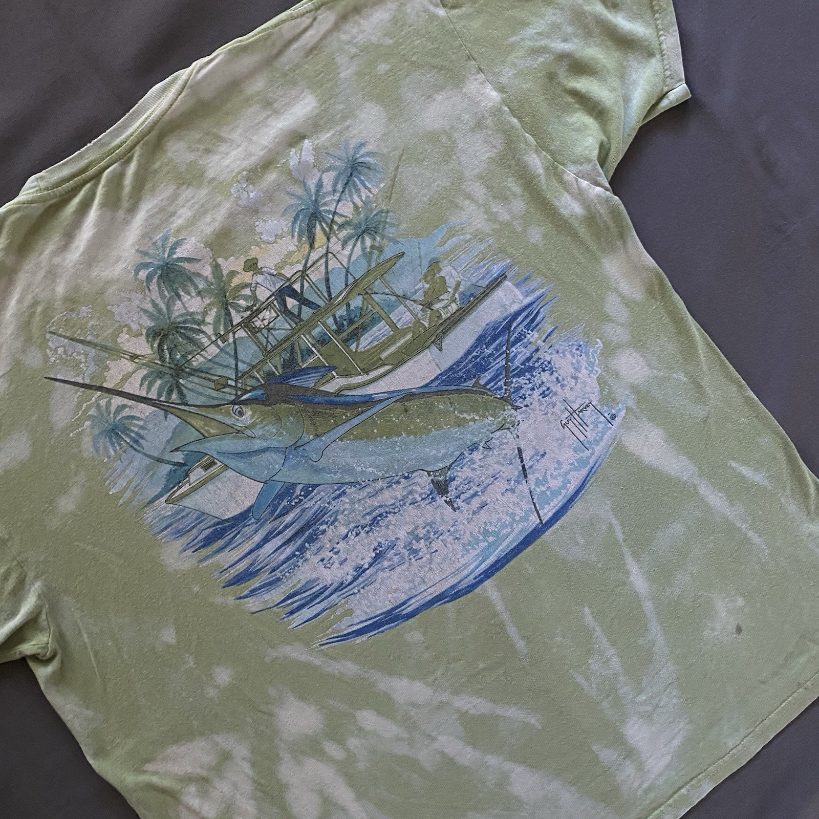 2010s Guy Harvey T Shirt Mens XL Light Green Bleach Dye Fish Fishing Marlin