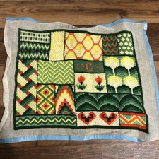 Completed Bargello Needlework 1970s Geometric Green Rectangle Pillow Shape