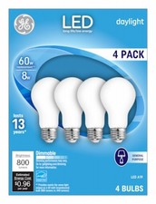 LED Light Bulbs, Daylight, A19 Medium Base, 8 Watt, 800 Lumens, 4-Pk. - 93098314