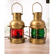 Antique Brass Finish Electric Nautical Lantern Green Red Glass Ship Light Decor