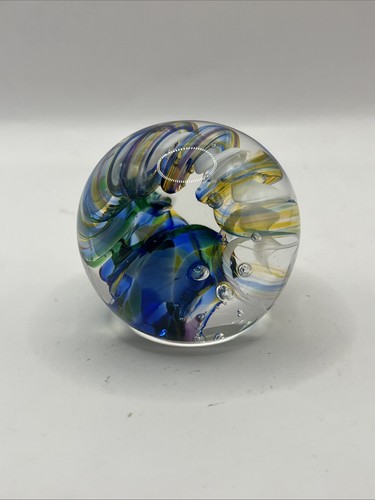 Vintage Small Hand Blown Glass Paper Weight Colorful Clear Base
