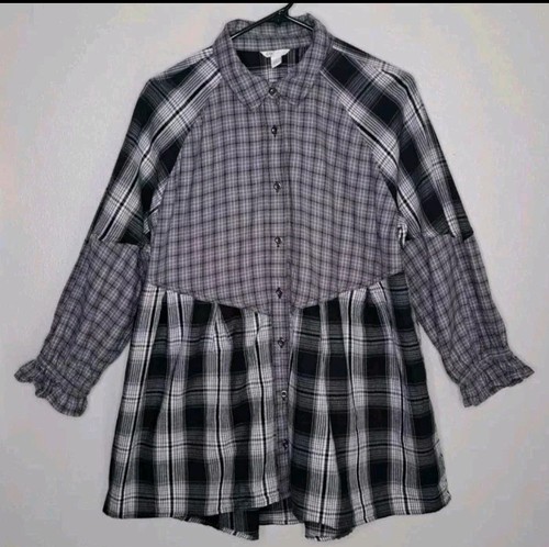 Cato Womens Patchwork Black Gray Plaid Boho Hippie Peasant Tunic Button Front L