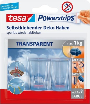 tesa Powerstrips Haken Groß Transparent   2 Haken + 4 Strips, Bis 1 kg Tragkraft