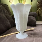 Vintage B.O. Brody Milk Glass Footed Pedestal Vase Scalloped Floral Pattern 9”